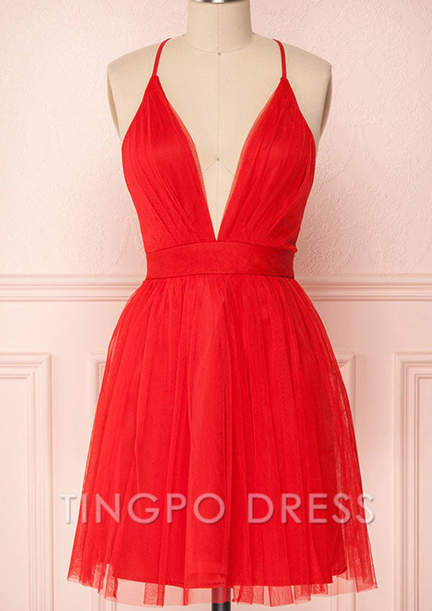 TingPo Wholesale Plunging V Neck Tulle Short A-line Homecoming Dress With Pleated